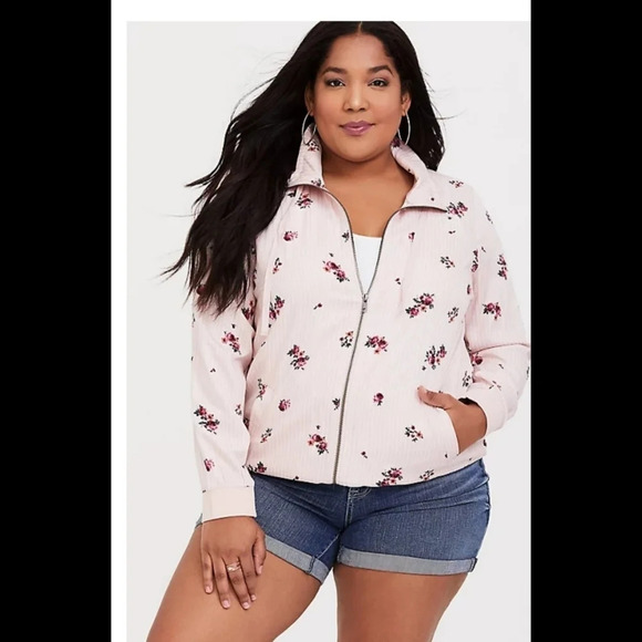Torrid Pink Floral Stripe Twill Track Jacket - Picture 1 of 10